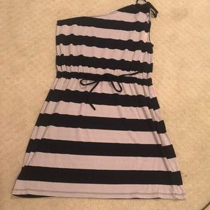Lilla P One Shoulder Stripe Black and Stone Dress Xl with Drawstring Waist